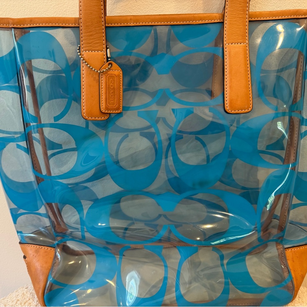 Coach Clear Signature PVC Tote with Blue Print and Tan Leather - Picture 2 of 7